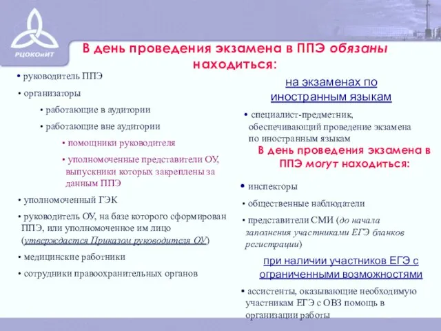 руководитель ППЭ организаторы работающие в аудитории работающие вне аудитории помощники руководителя уполномоченные