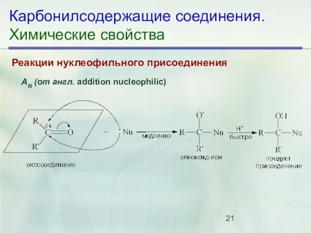 Карбонилсодержащие соединения. Химические свойства Реакции нуклеофильного присоединения АN (от англ. addition nucleophilic)