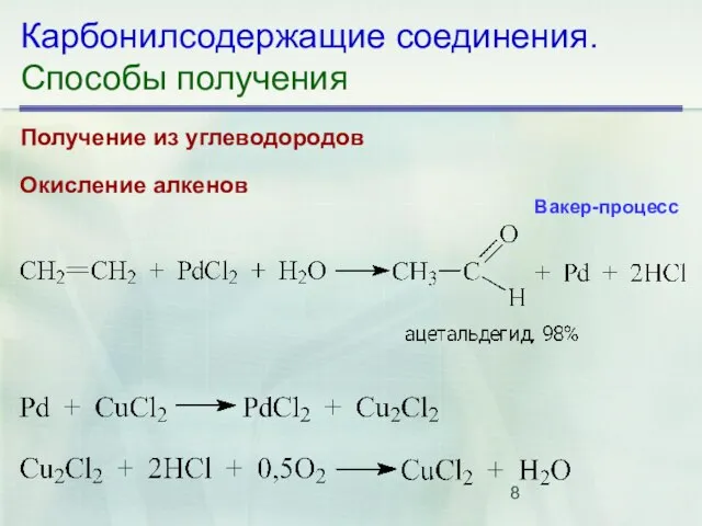 Карбонилсодержащие соединения. Способы получения Получение из углеводородов Окисление алкенов Вакер-процесс