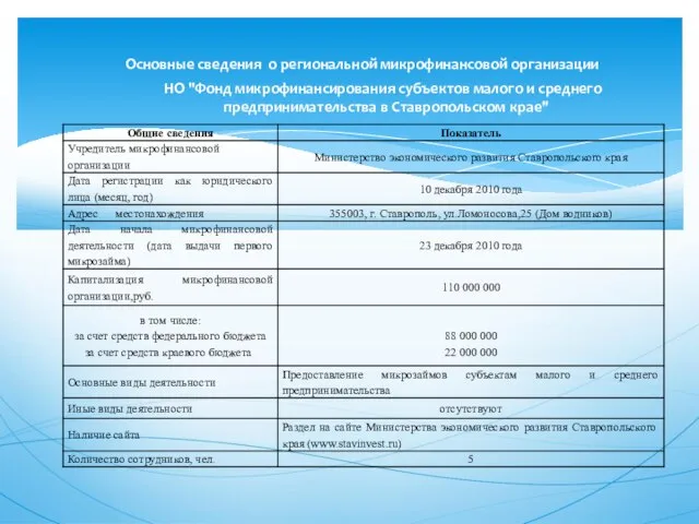 Основные сведения о региональной микрофинансовой организации НО "Фонд микрофинансирования субъектов малого и