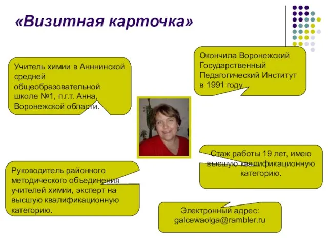 «Визитная карточка» Окончила Воронежский Государственный Педагогический Институт в 1991 году. Учитель химии