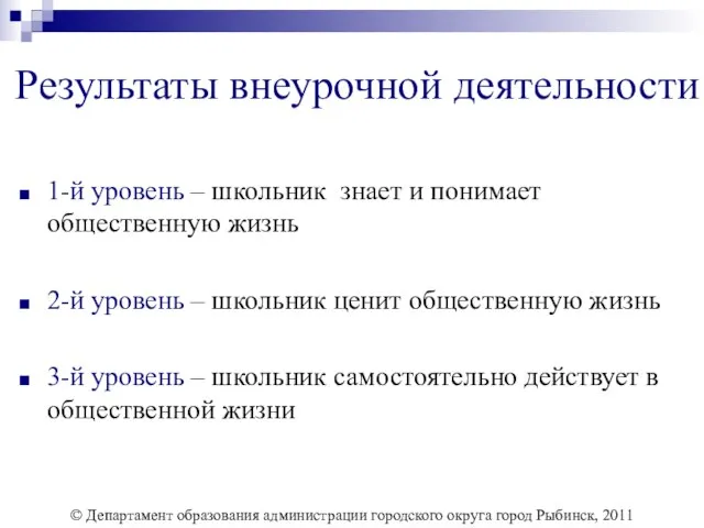 Результаты внеурочной деятельности 1-й уровень – школьник знает и понимает общественную жизнь