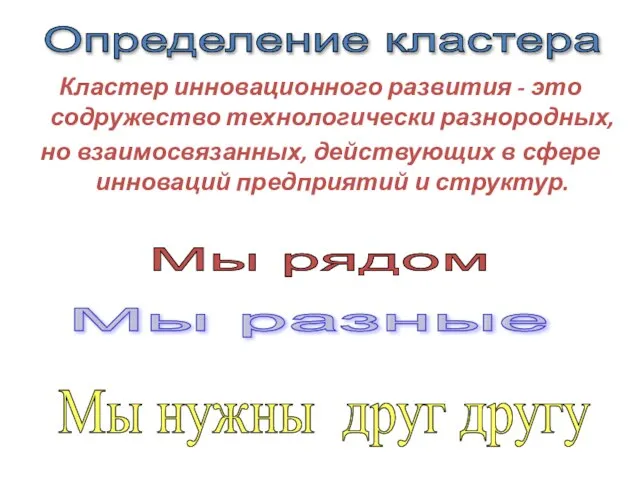 Кластер инновационного развития - это содружество технологически разнородных, но взаимосвязанных, действующих в