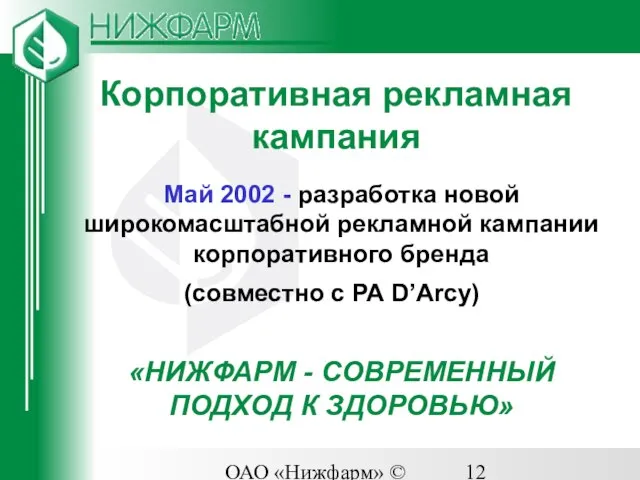 ОАО «Нижфарм» © 2003 Корпоративная рекламная кампания Май 2002 - разработка новой