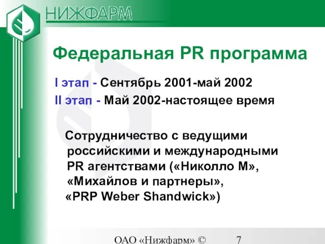 ОАО «Нижфарм» © 2003 Федеральная PR программа I этап - Сентябрь 2001-май