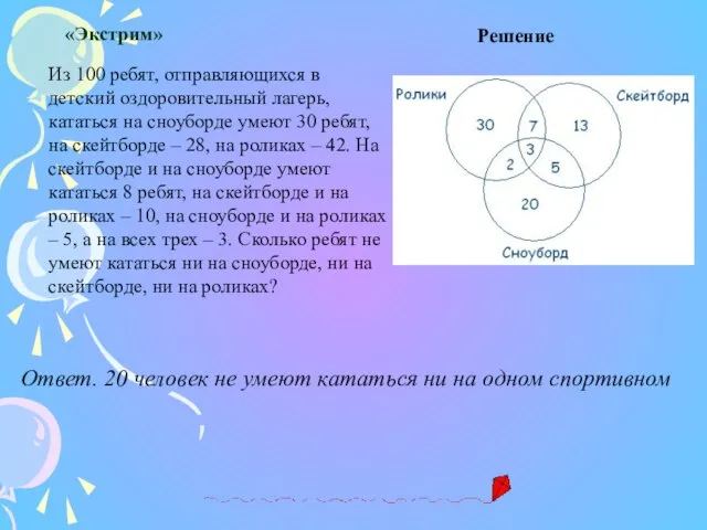 «Экстрим» Из 100 ребят, отправляющихся в детский оздоровительный лагерь, кататься на сноуборде