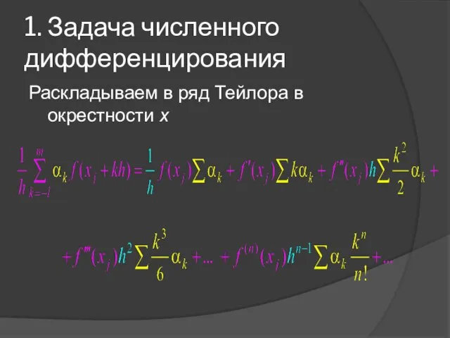 1. Задача численного дифференцирования Раскладываем в ряд Тейлора в окрестности x