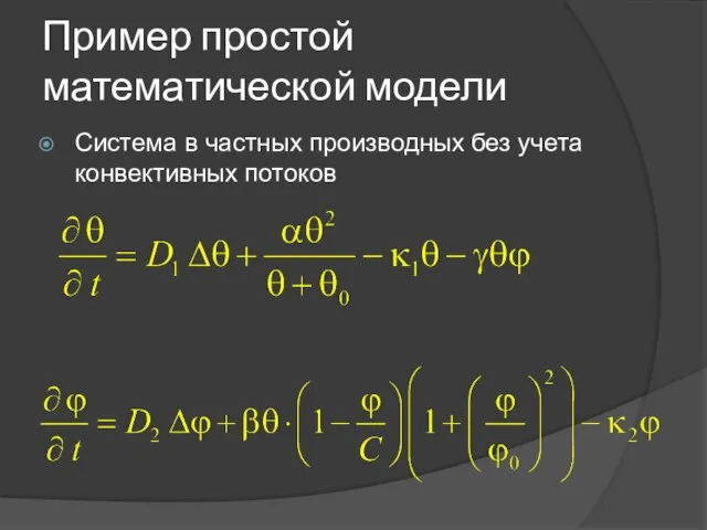 Пример простой математической модели Система в частных производных без учета конвективных потоков