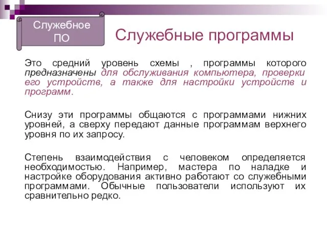 Служебные программы Это средний уровень схемы , программы которого предназначены для обслуживания