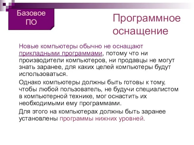 Программное оснащение Новые компьютеры обычно не оснащают прикладными программами, потому что ни