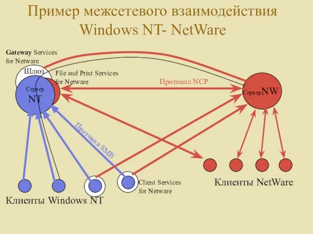 Пример межсетевого взаимодействия Windows NT- NetWare СерверNT СерверNW Клиенты Windows NT Клиенты