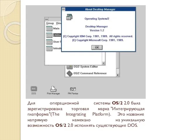 Для операционной системы OS/2 2.0 была зарегистрирована торговая марка "Интегрирующая платформа"(The Integrating