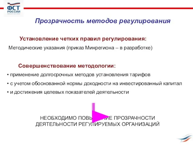 Установление четких правил регулирования: Методические указания (приказ Минрегиона – в разработке) Совершенствование