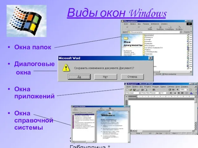 Зульфия Габдуллина * Ташкент * www.edunet.uz Виды окон Windows Окна папок Диалоговые