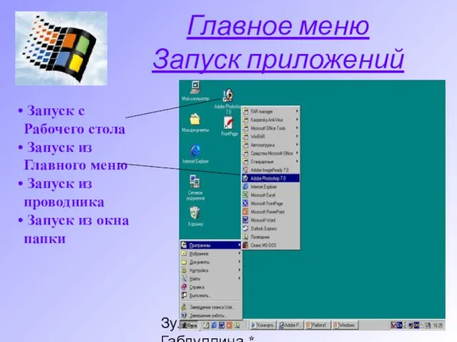 Зульфия Габдуллина * Ташкент * www.edunet.uz Главное меню Запуск приложений Запуск с