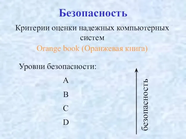 Безопасность Критерии оценки надежных компьютерных систем Orange book (Оранжевая книга) Уровни безопасности: