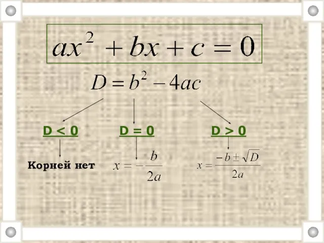 D D = 0 D > 0 Корней нет