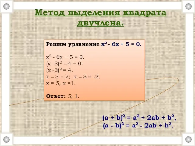 Метод выделения квадрата двучлена. (a + b)2 = a2 + 2ab +