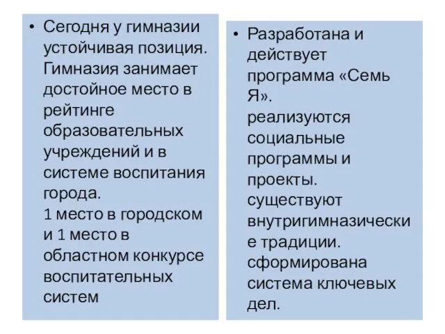 Сегодня у гимназии устойчивая позиция. Гимназия занимает достойное место в рейтинге образовательных