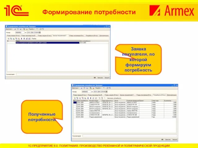 Формирование потребности Заявка покупателя, по которой формируем потребность Полученные потребности