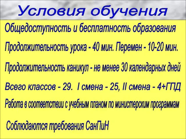 Условия обучения Общедоступность и бесплатность образования Продолжительность урока - 40 мин. Перемен