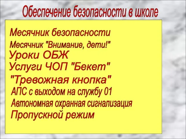 Обеспечение безопасности в школе Месячник безопасности Месячник "Внимание, дети!" Уроки ОБЖ Услуги