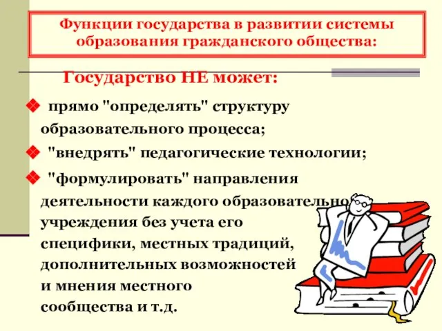 Функции государства в развитии системы образования гражданского общества: Государство НЕ может: прямо