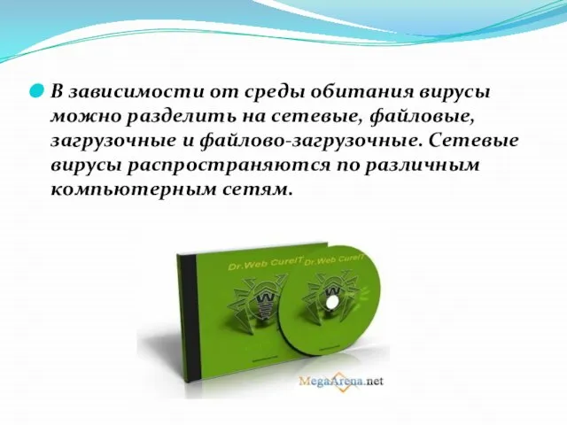 В зависимости от среды обитания вирусы можно разделить на сетевые, файловые, загрузочные