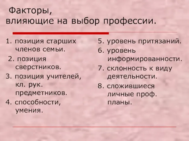 Факторы, влияющие на выбор профессии. 1. позиция старших членов семьи. 2. позиция