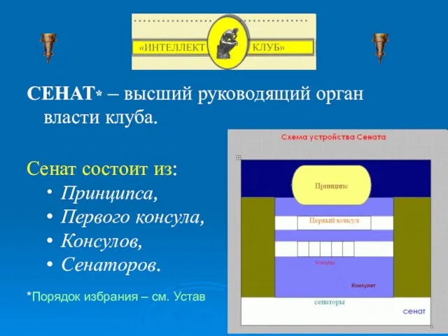 СЕНАТ* – высший руководящий орган власти клуба. Сенат состоит из: • Принципса,