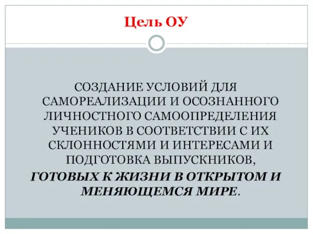 Цель ОУ СОЗДАНИЕ УСЛОВИЙ ДЛЯ САМОРЕАЛИЗАЦИИ И ОСОЗНАННОГО ЛИЧНОСТНОГО САМООПРЕДЕЛЕНИЯ УЧЕНИКОВ В