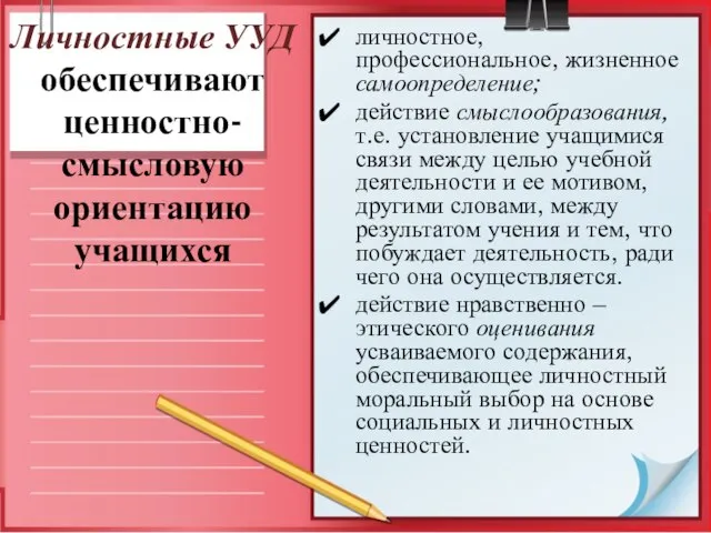 Личностные УУД обеспечивают ценностно-смысловую ориентацию учащихся личностное, профессиональное, жизненное самоопределение; действие смыслообразования,