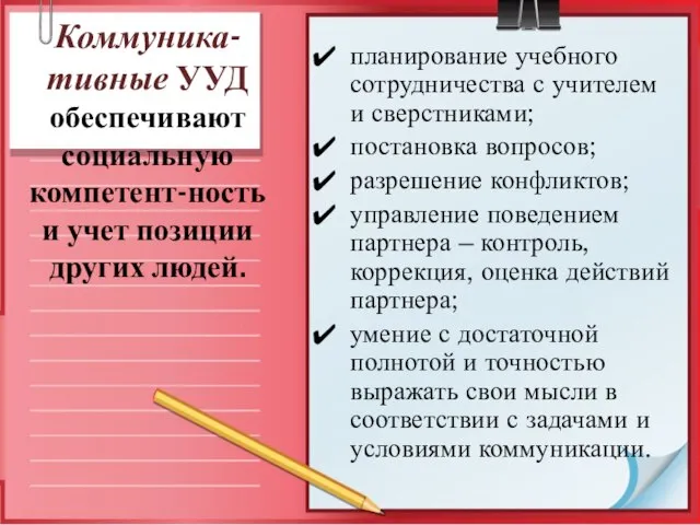 Коммуника-тивные УУД обеспечивают социальную компетент-ность и учет позиции других людей. планирование учебного