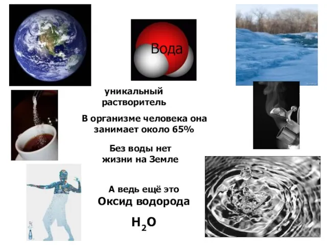 уникальный растворитель В организме человека она занимает около 65% Без воды нет