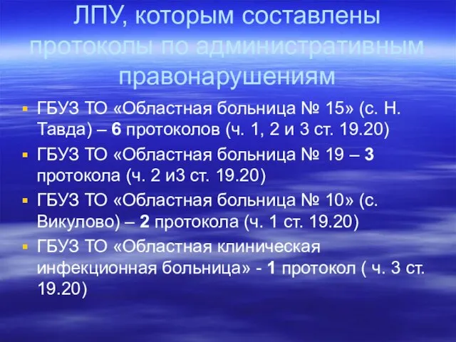 ЛПУ, которым составлены протоколы по административным правонарушениям ГБУЗ ТО «Областная больница №