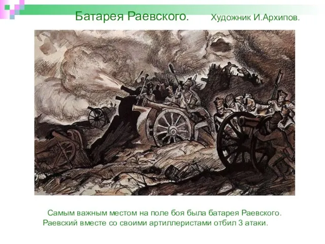 Батарея Раевского. Художник И.Архипов. Самым важным местом на поле боя была батарея