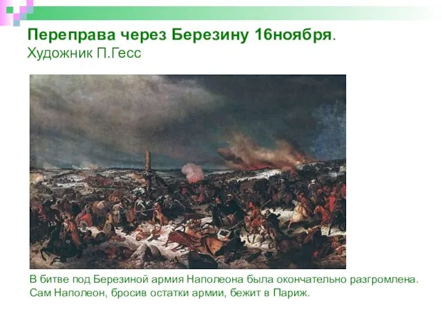 Переправа через Березину 16ноября. Художник П.Гесс В битве под Березиной армия Наполеона