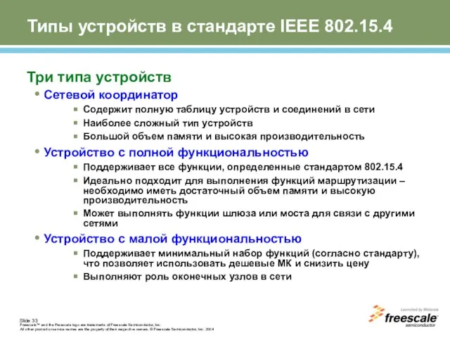 Типы устройств в стандарте IEEE 802.15.4 Три типа устройств Сетевой координатор Содержит