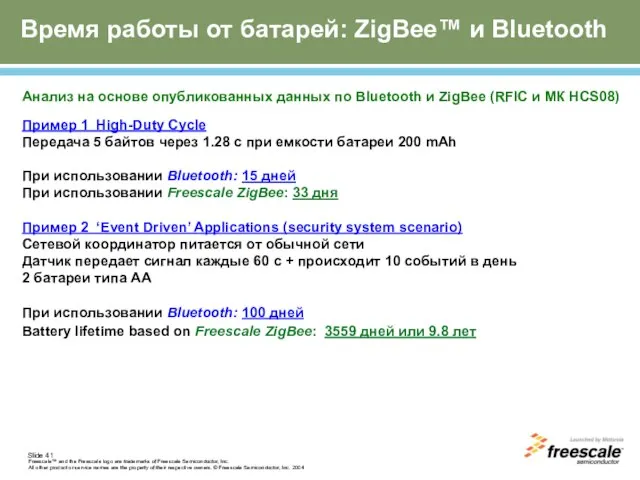 Время работы от батарей: ZigBee™ и Bluetooth Анализ на основе опубликованных данных