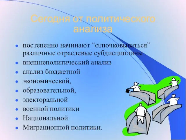 Сегодня от политического анализа постепенно начинают “отпочковываться” различные отраслевые субдисциплины внешнеполитический анализ