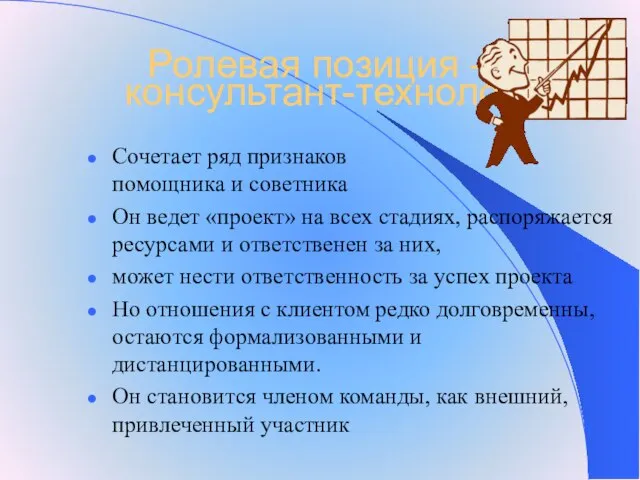 Ролевая позиция – консультант-технолог Сочетает ряд признаков помощника и советника Он ведет