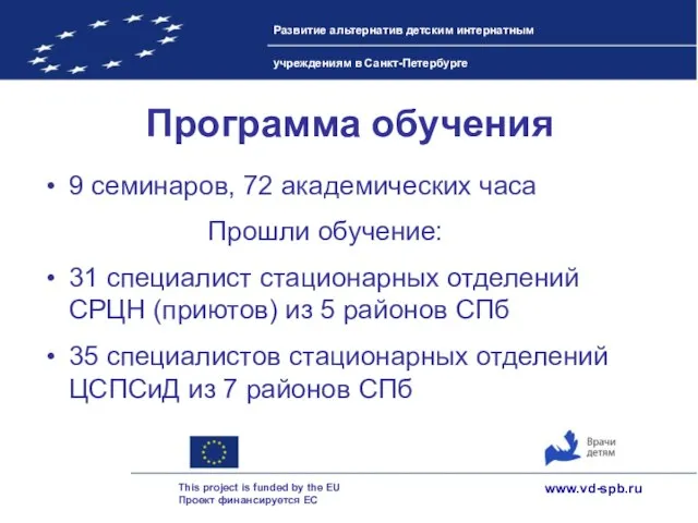 Программа обучения 9 семинаров, 72 академических часа Прошли обучение: 31 специалист стационарных