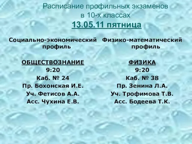 Расписание профильных экзаменов в 10-х классах 13.05.11 пятница Физико-математический профиль ФИЗИКА 9:20