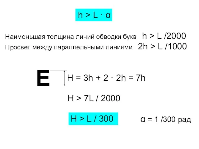 h > L · α Наименьшая толщина линий обводки букв h >