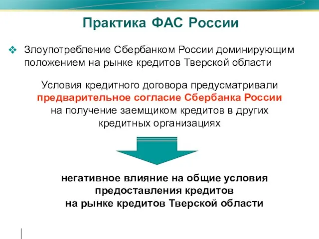 Практика ФАС России Злоупотребление Сбербанком России доминирующим положением на рынке кредитов Тверской