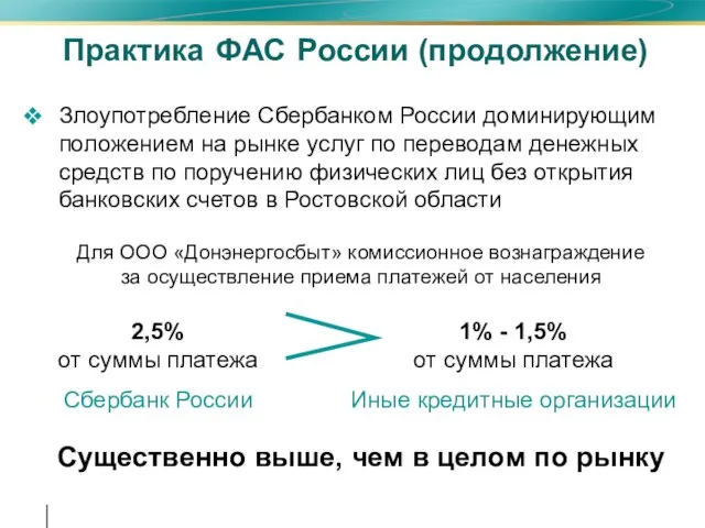 Практика ФАС России (продолжение) Злоупотребление Сбербанком России доминирующим положением на рынке услуг