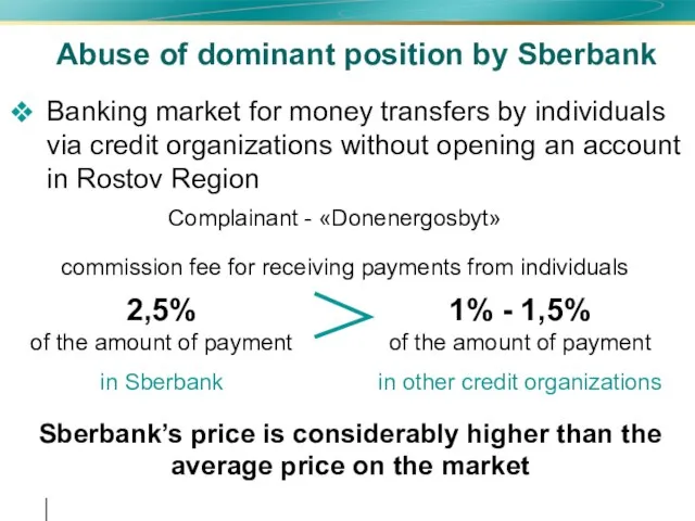 Abuse of dominant position by Sberbank Banking market for money transfers by