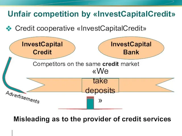 Unfair competition by «InvestCapitalCredit» Credit cooperative «InvestCapitalCredit» InvestCapitalCredit InvestCapitalBank Competitors on the