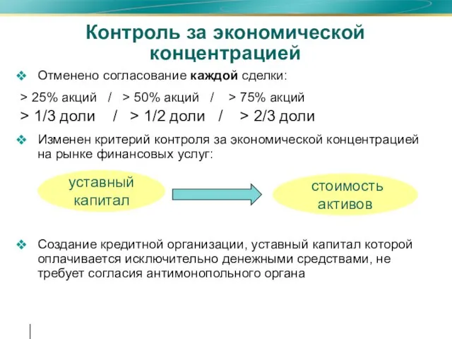 Контроль за экономической концентрацией Отменено согласование каждой сделки: > 25% акций /