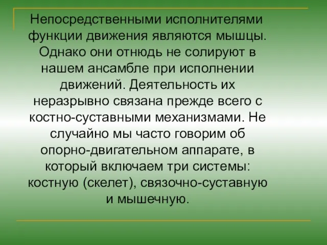 Непосредственными исполнителями функции движения являются мышцы. Однако они отнюдь не солируют в